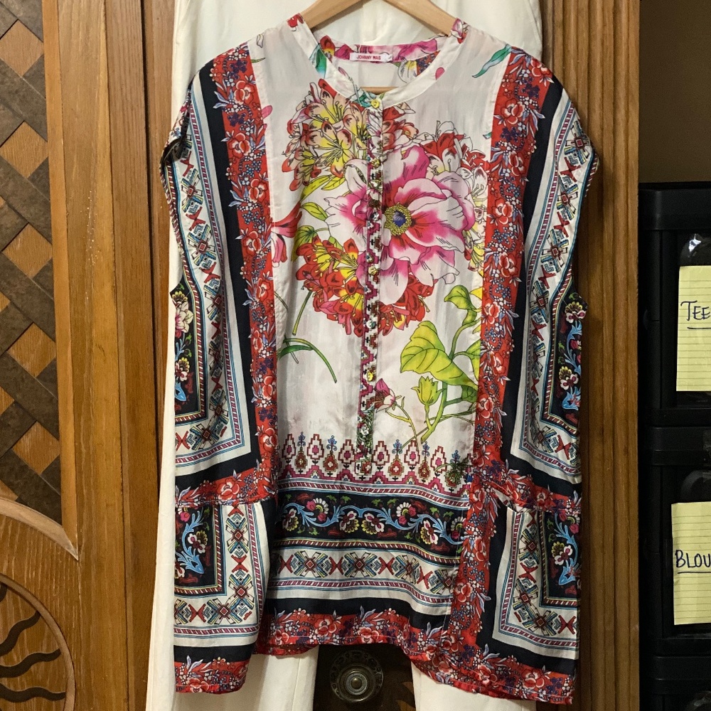 Johnny Was Sleeveless Silk Swim Coverup Layer Tunic Hollywood Bold Floral Large